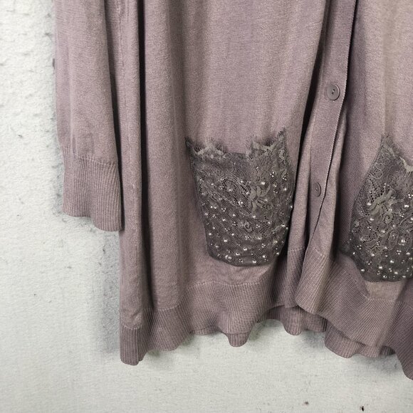 LOGO Lavish Cardigan Sweater Womens XL Taupe Longline Embellished Lace Pockets - Picture 6 of 16